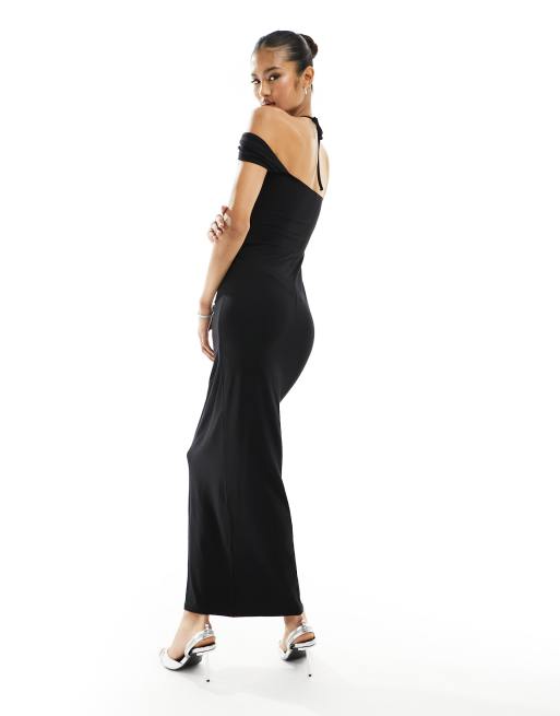 ASOS DESIGN – Gerafftes Bardot-Midikleid in Schwarz mit Neckholder-Trägern, 3 von 4