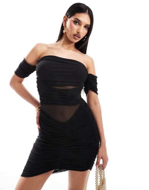 ASOS DESIGN – Gerafftes Bardot-Minikleid in Schwarz mit Netzeinsatz