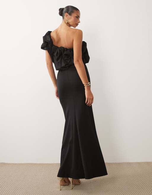 ASOS DESIGN – Gerafftes, bodenlanges Kleid in Schwarz mit One-Shoulder-Träger, 4 von 4