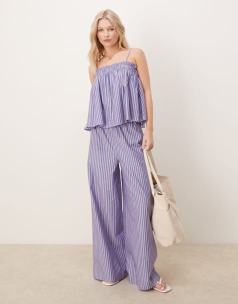 ASOS DESIGN – Gerafftes Camisole in Blau und Rot gestreift, Kombiteil - view 1