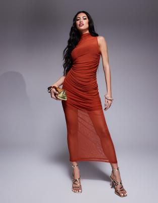 ASOS DESIGN - Gerafftes, drapiertes Netzstoff-Kleid in Rostrot mit Stehkragen