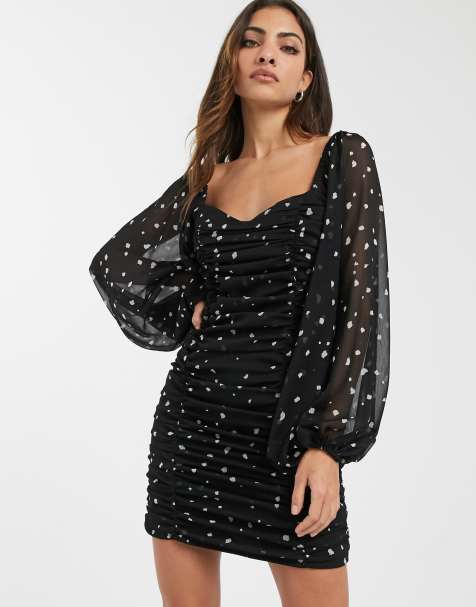ASOS DESIGN – Gerafftes, gepunktetes Bodycon-Minikleid mit Ballonärmeln