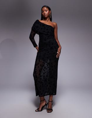 ASOS DESIGN - Gerafftes Maxikleid aus Netzstoff in Schwarz mit One-Shoulder-Träger und geflocktem Blumenmuster