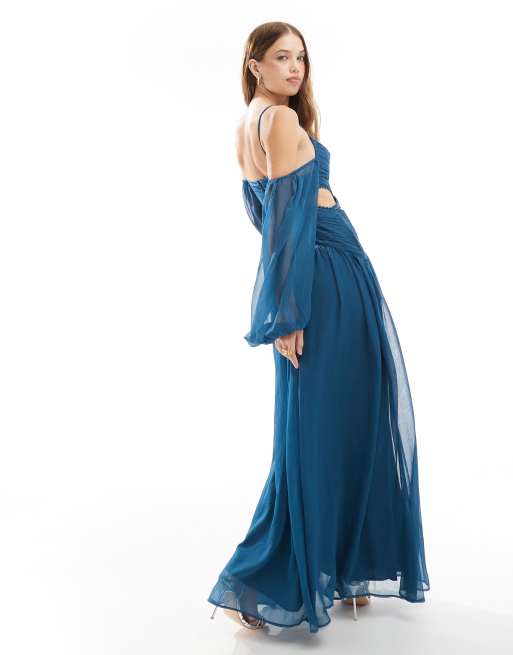 ASOS DESIGN – Gerafftes Maxikleid in Blaugrün mit Spitzeneinsatz und Zierausschnitten, 3 von 4