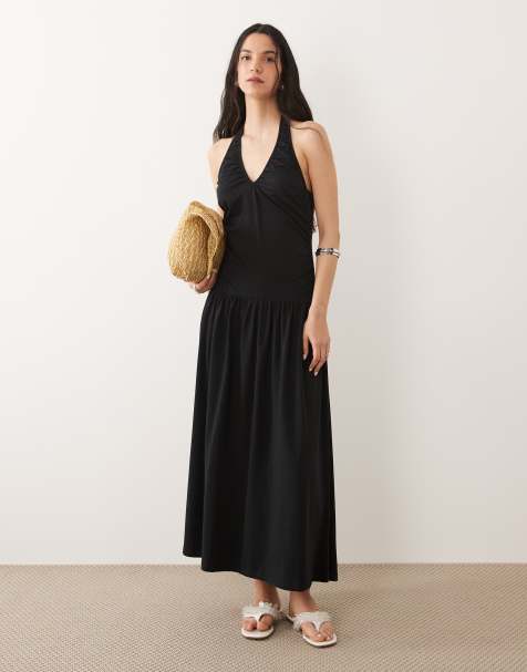 ASOS DESIGN – Gerafftes Maxikleid in Schwarz mit Neckholder-Träger und tiefer Taille - view 1