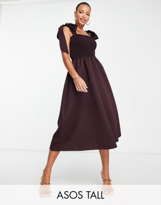 ASOS DESIGN - Gerafftes Midi-Abschlussballkleid in Aubergine mit Schulterschnürung-Blau