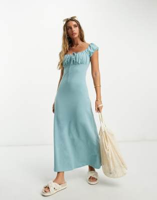 ASOS DESIGN - Gerafftes Midi-Freizeitkleid in Staubblau mit Flügelärmeln-Grün