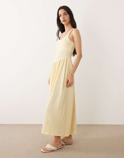 ASOS DESIGN – Gerafftes Midikleid aus Kreppstoff in Buttermilchgelb - view 1