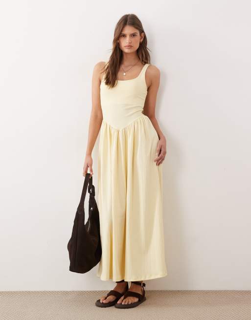 ASOS DESIGN – Gerafftes Midikleid aus Kreppstoff in Buttermilchgelb, 2 von 4