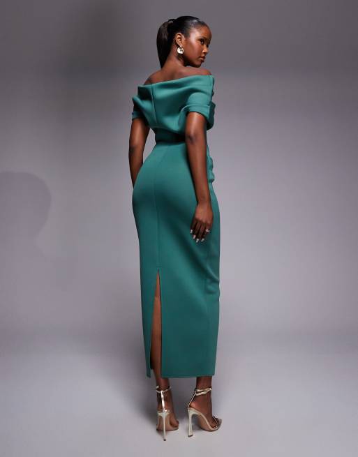 ASOS DESIGN – Gerafftes Midikleid aus neoprenartigem Material in Petrol mit Carmen-Ausschnitt, 4 von 4