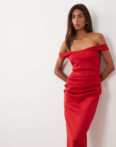 ASOS DESIGN – Gerafftes Midikleid in Rot mit Carmen-Ausschnitt - view 1