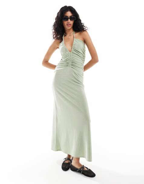 ASOS DESIGN – Gerafftes Midikleid in schimmerndem Grün mit Neckholder - view 1