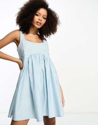 ASOS DESIGN - Gerafftes Mini-Hängerkleid in Blau mit eckigem Ausschnitt