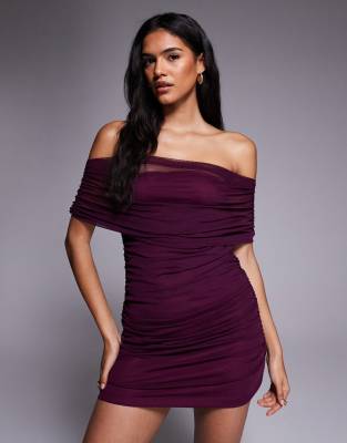 ASOS DESIGN - Gerafftes Minikleid aus Netzstoff in Feigenlila mit drapierter Schulter