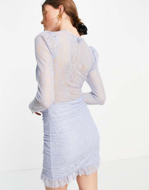 ASOS DESIGN – Gerafftes Minikleid aus Spitze in Babyblau mit geschnürtem Ausschnitt, 4 von 4