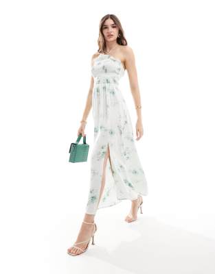 ASOS DESIGN - Gerafftes Neckholder-Maxikleid in Mint mit Blumenmuster-Bunt