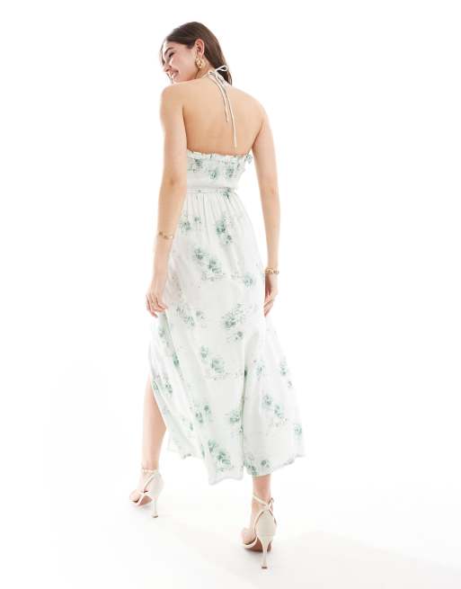 ASOS DESIGN – Gerafftes Neckholder-Maxikleid in Mint mit Blumenmuster, 2 von 4
