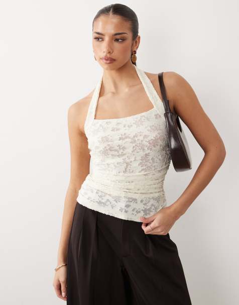 ASOS DESIGN – Gerafftes Neckholder-Oberteil aus Ausbrennersamt in Cremeweiß - view 1