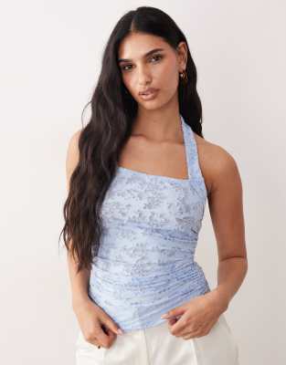 ASOS DESIGN - Gerafftes Neckholder-Oberteil aus Devoré in Blau