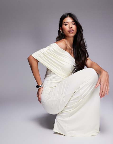 ASOS DESIGN – Gerafftes Netzstoff-Maxikleid in Buttermilchgelb mit One-Shoulder-Träger - view 1