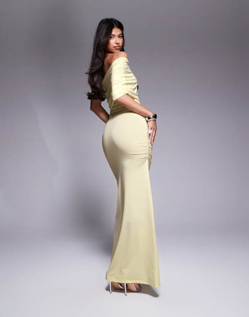 ASOS DESIGN – Gerafftes Netzstoff-Maxikleid in Buttermilchgelb mit One-Shoulder-Träger, 4 von 4