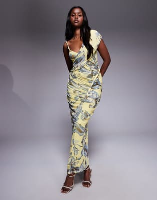 ASOS DESIGN - Gerafftes One-Shoulder-Maxikleid aus Netzstoff in Gelb mit Blumenprint-Bunt