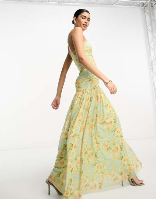 ASOS DESIGN Gerafftes plissiertes Maxi Tragerkleid mit Blumenmuster