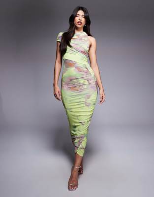 ASOS DESIGN - Gerafftes, schulterfreies Netzstoff-Midikleid mit asymmetrischem Ausschnitt und abstraktem Blumenmuster-Bu...