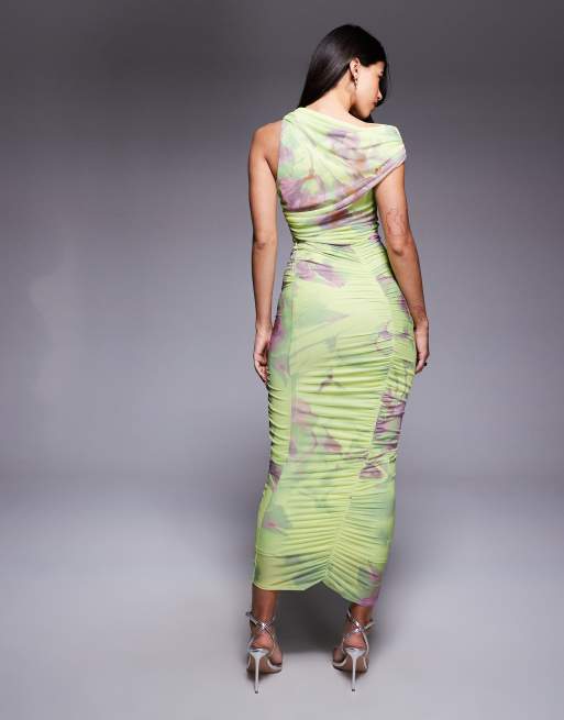 ASOS DESIGN – Gerafftes, schulterfreies Netzstoff-Midikleid mit asymmetrischem Ausschnitt und abstraktem Blumenmuster, 2 von 4