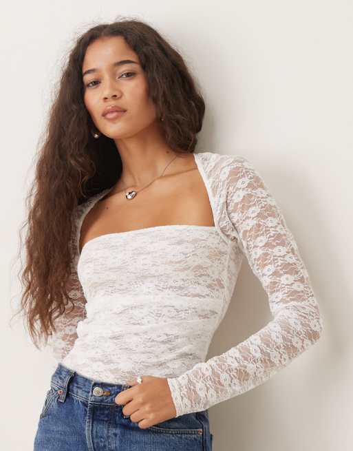 ASOS DESIGN – Gerafftes Spitzen-Oberteil in Weiß mit Bolero-Effekt