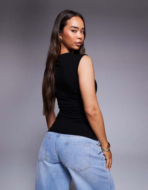 ASOS DESIGN – Gerafftes Tanktop aus Baumwolle in Schwarz, 2 von 4