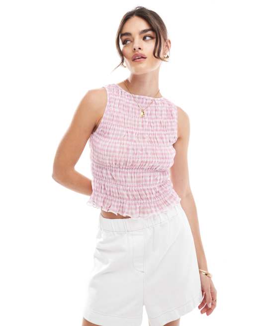 ASOS DESIGN – Gerafftes Tanktop aus Netzstoff in Rosa mit Vichy-Karos