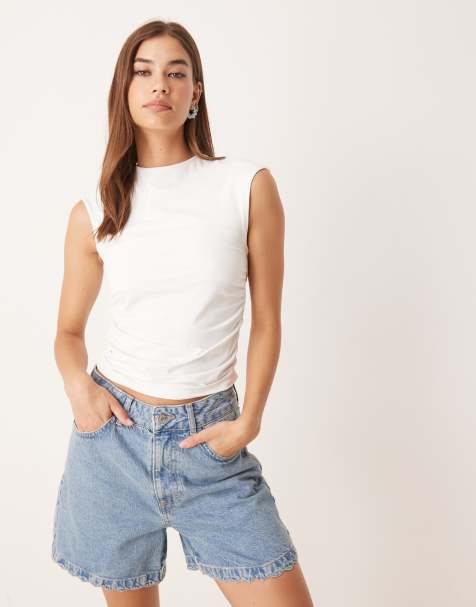 ASOS DESIGN – Gerafftes Tanktop aus Polyamid in Elfenbeinweiß - view 1