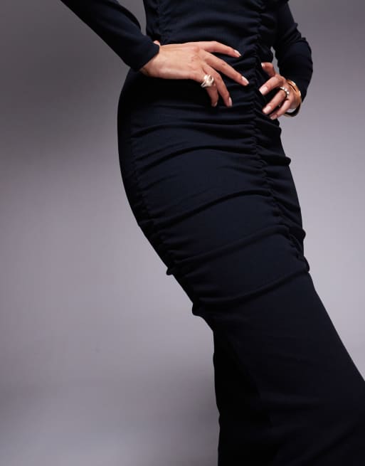 ASOS DESIGN – Gerafftes und geripptes Midikleid in Schwarz, 2 von 4