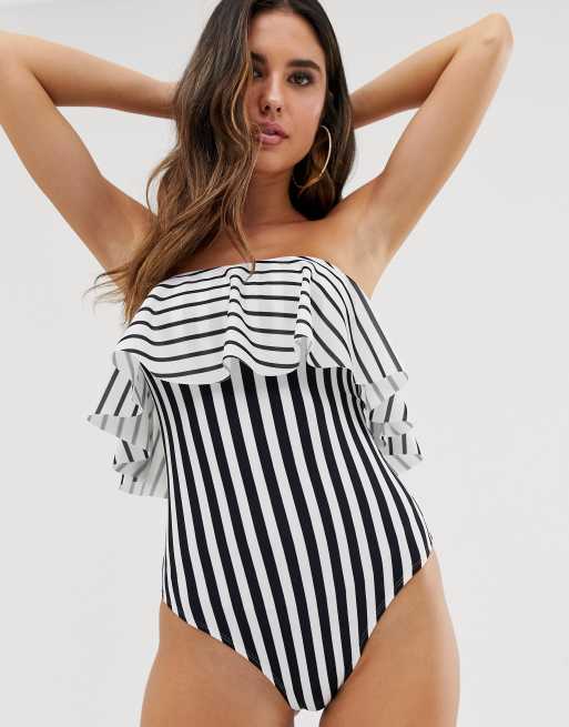 ASOS DESIGN - Gerecycled bandeaubadpak met ruches en zwart-witte strepen