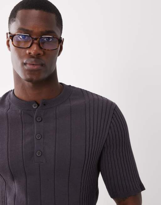 ASOS DESIGN - Geribbeld gebreid henley T-shirt in antracietgrijs, 2 van 5