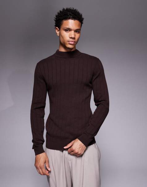 ASOS DESIGN - Geribbeld gebreid muscle fit T-shirt met lange mouwen en col in bruin - view 1