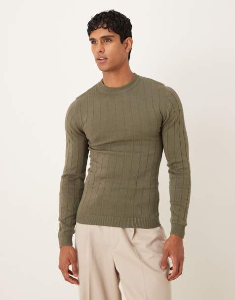 ASOS DESIGN - Geribbeld gebreid muscle fit T-shirt met lange mouwen in kaki - view 1