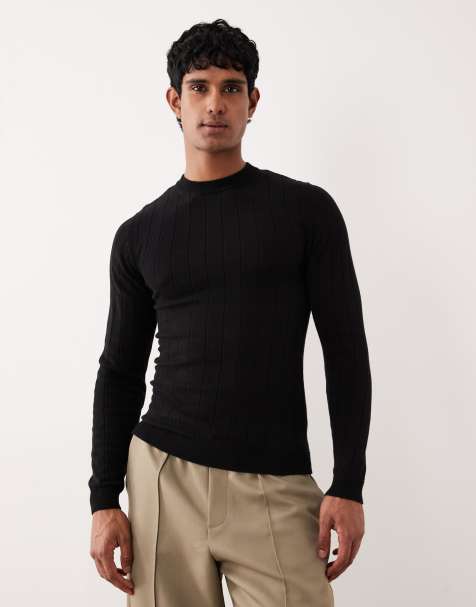 ASOS DESIGN - Geribbeld gebreid muscle fit T-shirt met lange mouwen in zwart - view 1