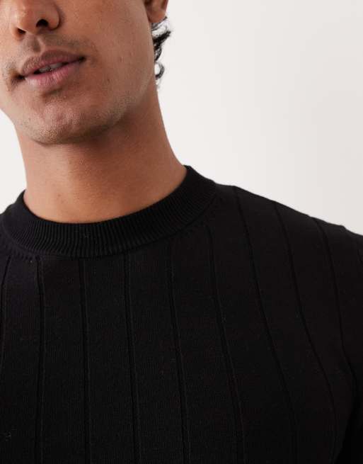 ASOS DESIGN muscle fit long sleeve knit ribbed T-shirt in black