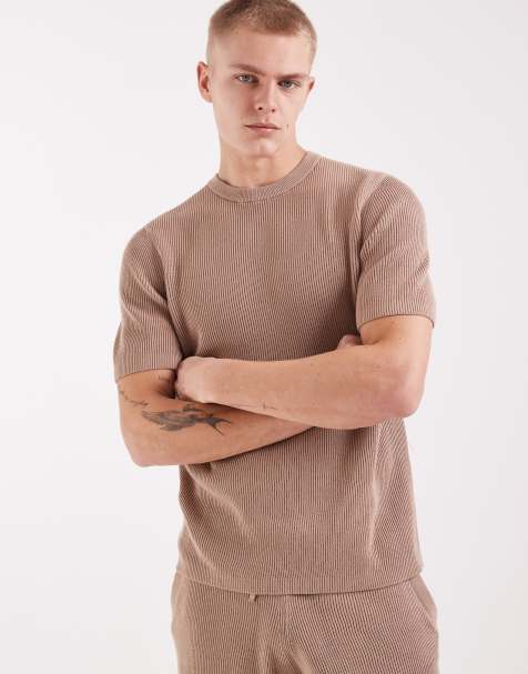 ASOS DESIGN - Geribbeld gebreid T-shirt met ronde hals in taupe, deel van co-ord set - view 1