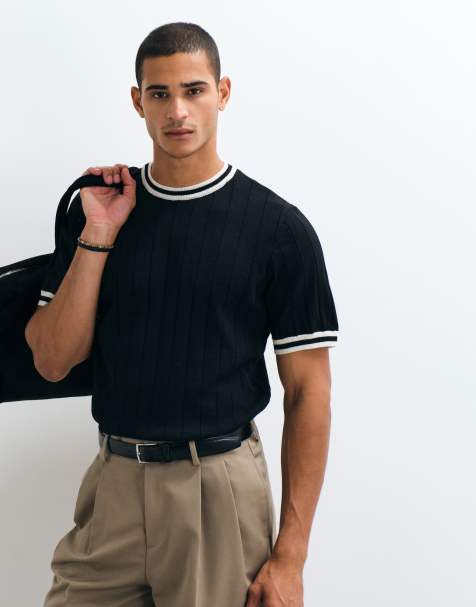 ASOS DESIGN - Geribbeld gebreid T-shirt met witte biezen in zwart - view 1