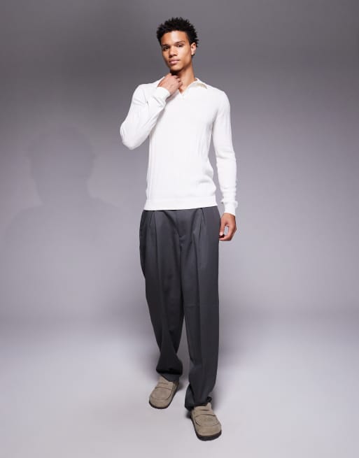 ASOS DESIGN - Geribbeld gebreide muscle fit polo met lange mouwen in wit, 2 van 5
