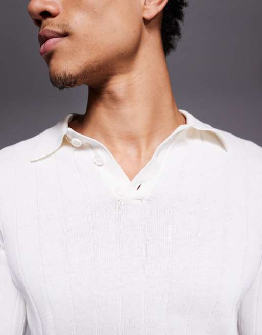 ASOS DESIGN - Geribbeld gebreide muscle fit polo met lange mouwen in wit, 5 van 5