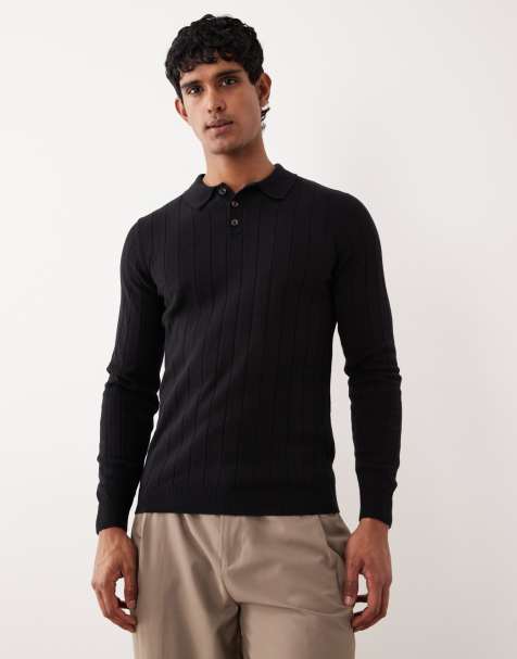 ASOS DESIGN - Geribbeld gebreide muscle fit polo met lange mouwen in zwart - view 1