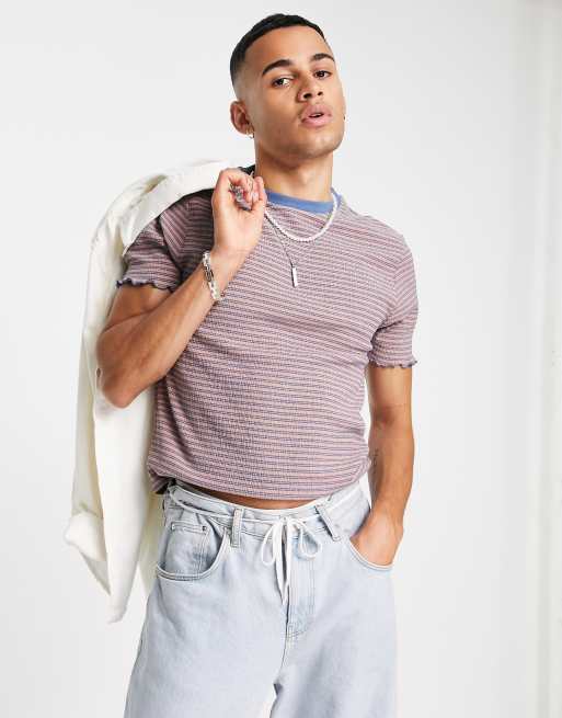 ASOS DESIGN - Geribbeld, gestreept T-shirt met gekrompen pasvorm en textuur in bruin en marineblauw