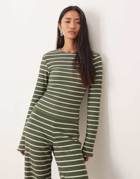 ASOS DESIGN - Geribbeld gestreept T-shirt met lange mouwen in kaki, deel van co-ord set - view 1