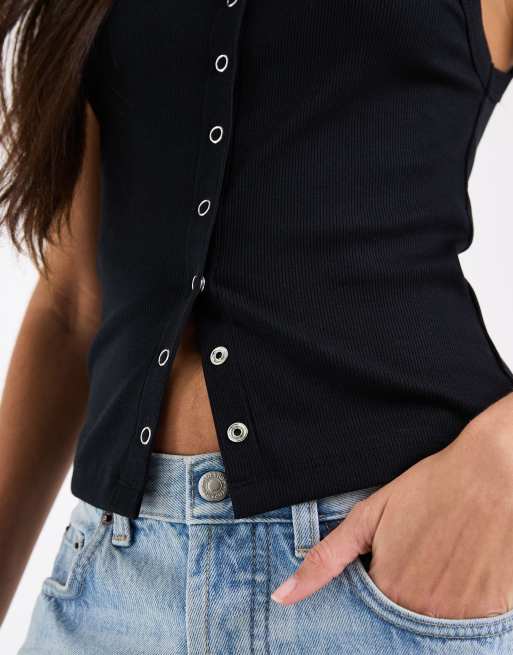 ASOS DESIGN - Geribbeld hemdje met drukknopen in zwart, 3 van 4