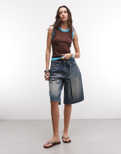 ASOS DESIGN - Geribbeld hemdje met gelaagde look in chocoladebruin en blauw, 2 van 4