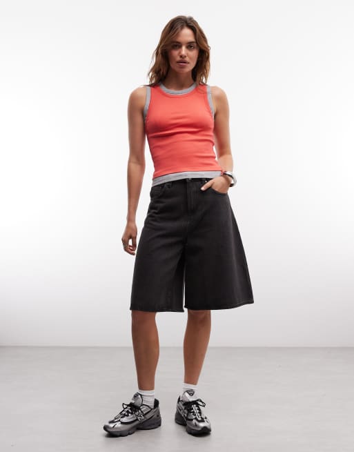 ASOS DESIGN - Geribbeld hemdje met gelaagde look in koraal en gemêleerd grijs, 2 van 4